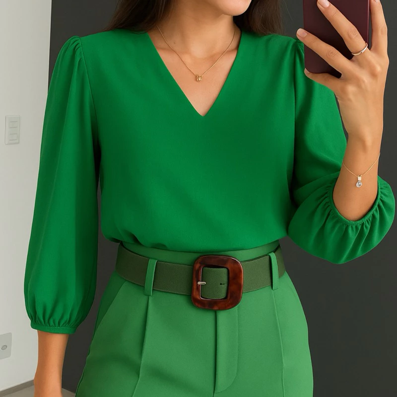 Blusa Feminina Manga 3/4 Novas Cores Tecido Crepe Moda Evangélica Detalhe Social