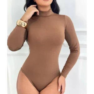 Body Feminino Gola Alta Manga Longa Suplex Cacharrel Segunda Pele Confortável