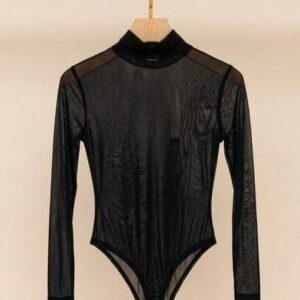 Body Manga Longa de Tule Plus Size Transparente Blusa Moda Festa Balada